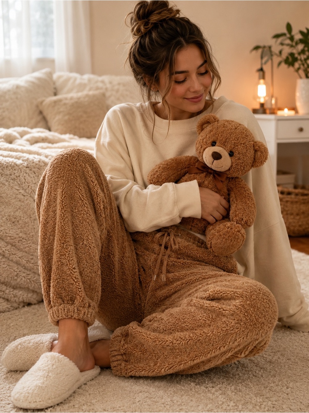 Zaful Teddy Bear Fleece Jogger Pants Brown Plush Cozy Lounge Womens Large